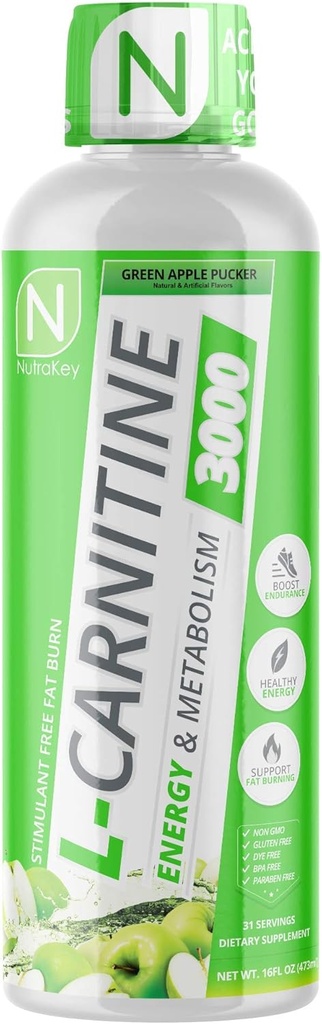 NutraKey L- Carnitin 3000mg, No Sugar, Gluten Free, Turn Into Fuel, (Green Apple) 31 Serveringer