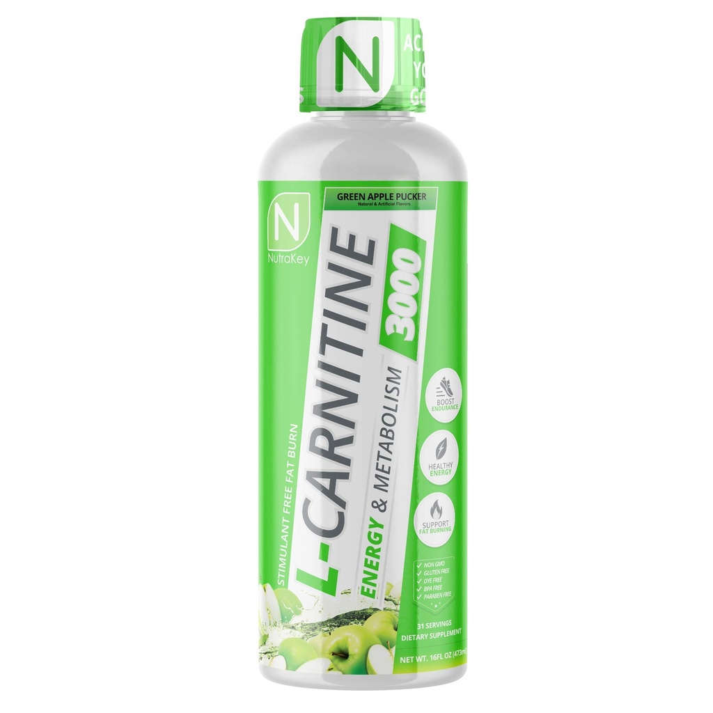 NutraKey L- Carnitin 3000mg, No Sugar, Gluten Free, Turn Into Fuel, (Green Apple) 31 Serveringer