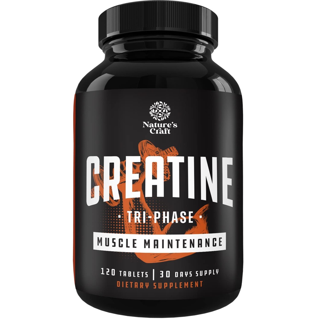 Natures Craft High Strength Tri Fase Creatine Tablets for Women & Men - Formel Blend of Creatine Monohydrat, 300mg HCL & Pyruvat Supplement - Muskel Mass Gain & Recovery Supplement - 120 tabletter