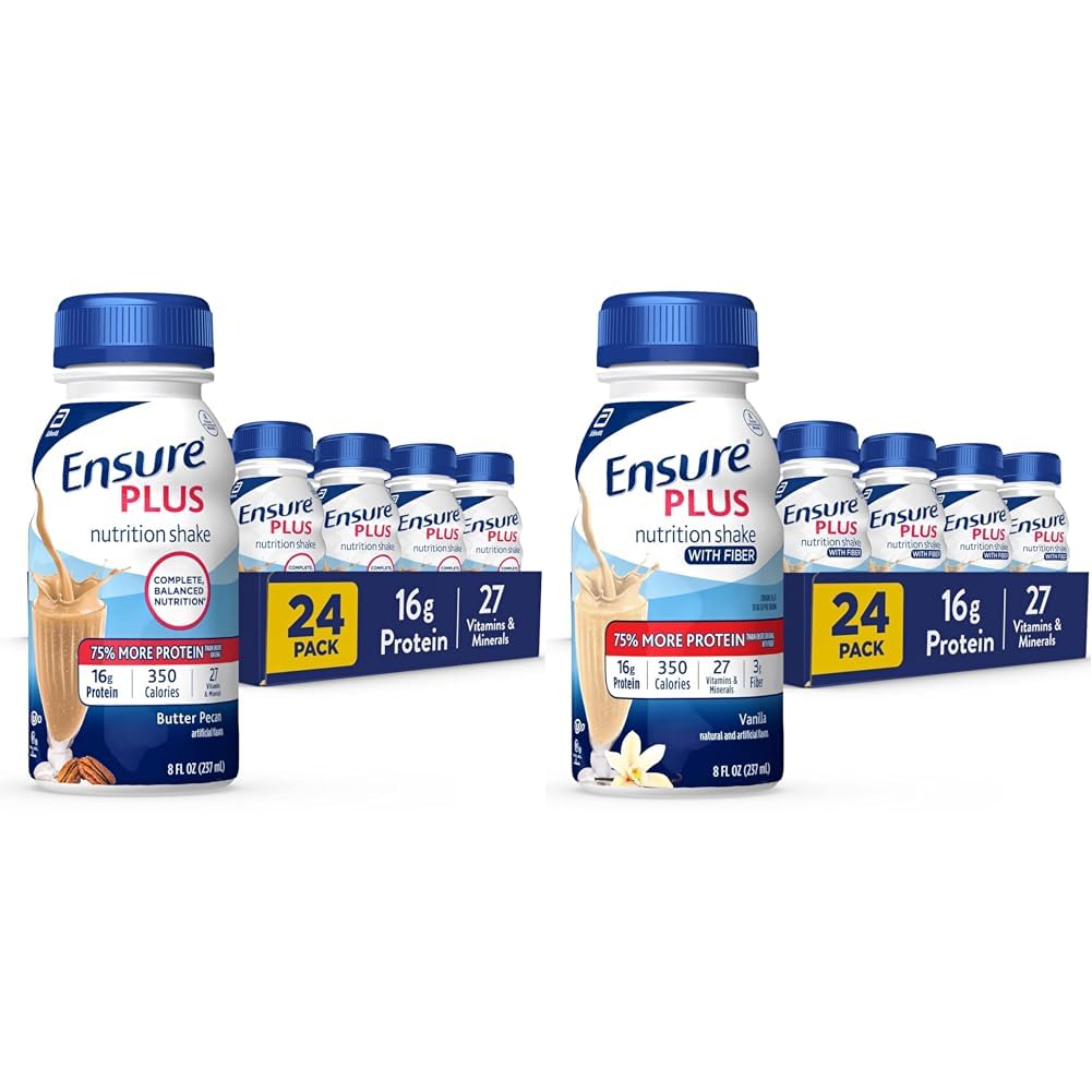 Sikre Plus Nutrition Rystes med 16 gram protein & Sikre Plus Flydende Nutrition Rystes med Fiber, 16 gram protein, Vanilla, 8 Fl Oz flaske (pakke med 24)