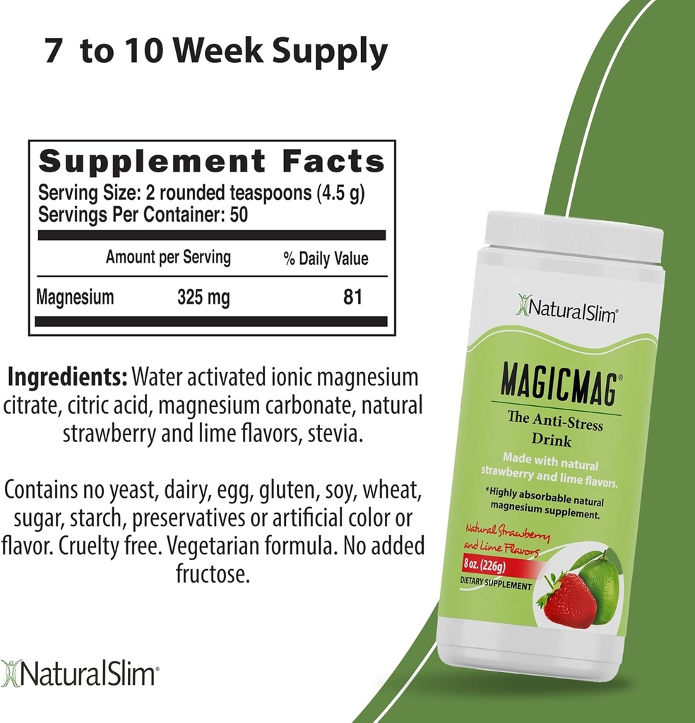 NaturalSlim Magicmag Pure Magnesium Citrate Powder - Stress, Obstipation, Muscle, og Heart Support Medical Strawberry & Lime Flavored Magnesium Supplement - 8oz Drink Mix (2 Pack)