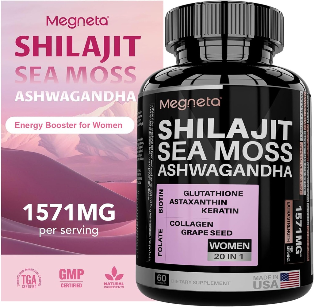 All-in-One Sea Moss, Shilajit, Ashwagandha & Glutathione supplement til kvinder, øger energi, 60 kapsler
