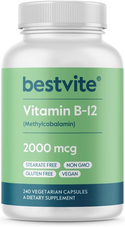 BESTVITE B12-vitamin (methylcobalamin) 2000mcg (240 vegetariske kapsler) (methyl B12) - ingen stearater - Vegan - ikke GMO - gluten fri