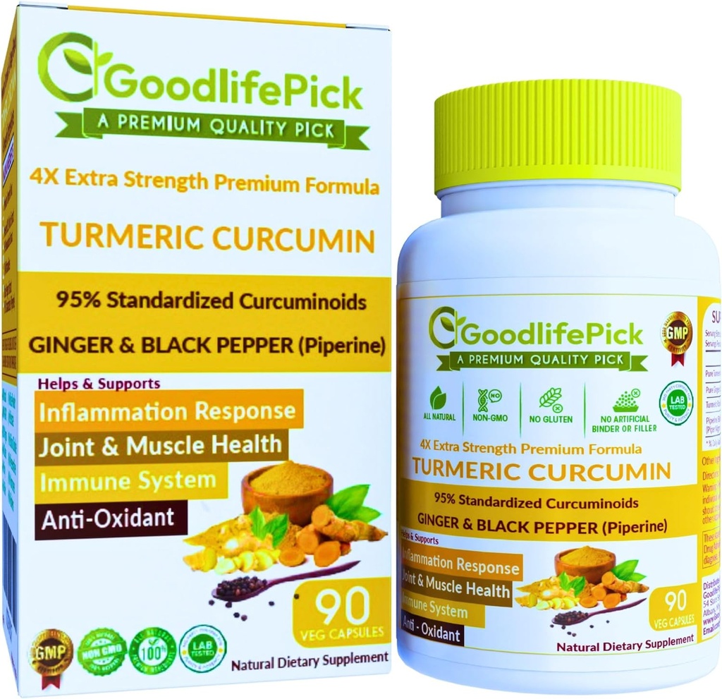 Gurkemeje Kapsler Ekstra Styrke med Ginger & 95% Curcuminoider & Sort Pepper Extract for maksimale fordele. Alle naturlige nonGMO ingen ris pulver NO Stearate NO Silica- 90 Veg Cap