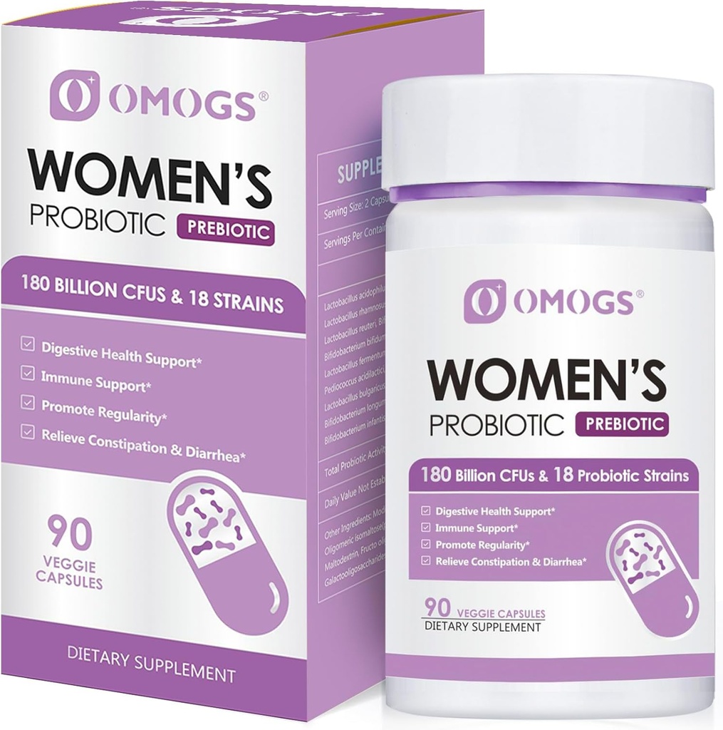 OMOGS Kvinder Probiotiske 180 Millioner CFU 'er 18 Strops, med Organic Prebiotics, Cranberry Extract, D- Mannose & fordøjelsesenzymer, for fordøjelsesbesvær, Boost Immunation, PH Balance & Urethal Sundhed, 90 Kapsler