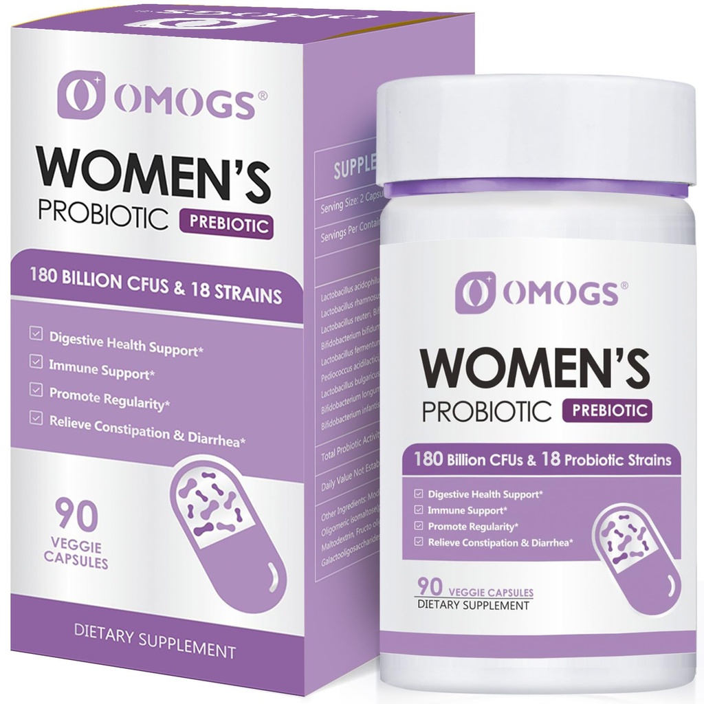 OMOGS Kvinder Probiotiske 180 Millioner CFU 'er 18 Strops, med Organic Prebiotics, Cranberry Extract, D- Mannose & fordøjelsesenzymer, for fordøjelsesbesvær, Boost Immunation, PH Balance & Urethal Sundhed, 90 Kapsler