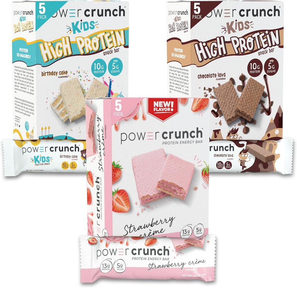 Power Crunch Protein Wafer Bars og Power Crunch KIDS Protein Bars, Variety Pack, (15 Greve) High Protein Snacks med lækker smag