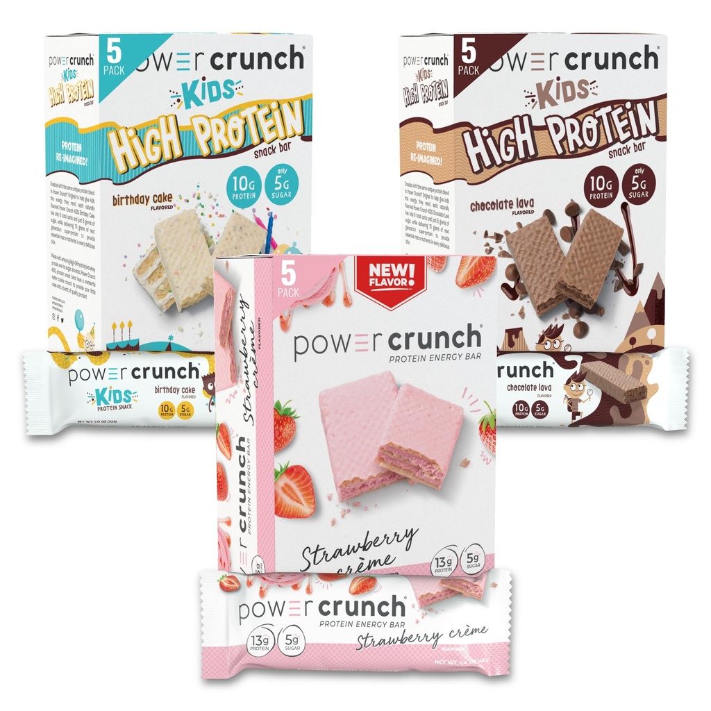 Power Crunch Protein Wafer Bars og Power Crunch KIDS Protein Bars, Variety Pack, (15 Greve) High Protein Snacks med lækker smag