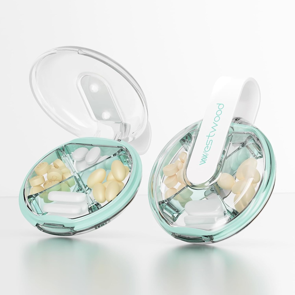 Lille pillekasse, Cute Pill Box til purse & Pocket, 4 Segment Aftagelig pillholder, Bærbar rejse pill Organizer til vitaminer, Kosttilskud, Fiskeolier (grøn)