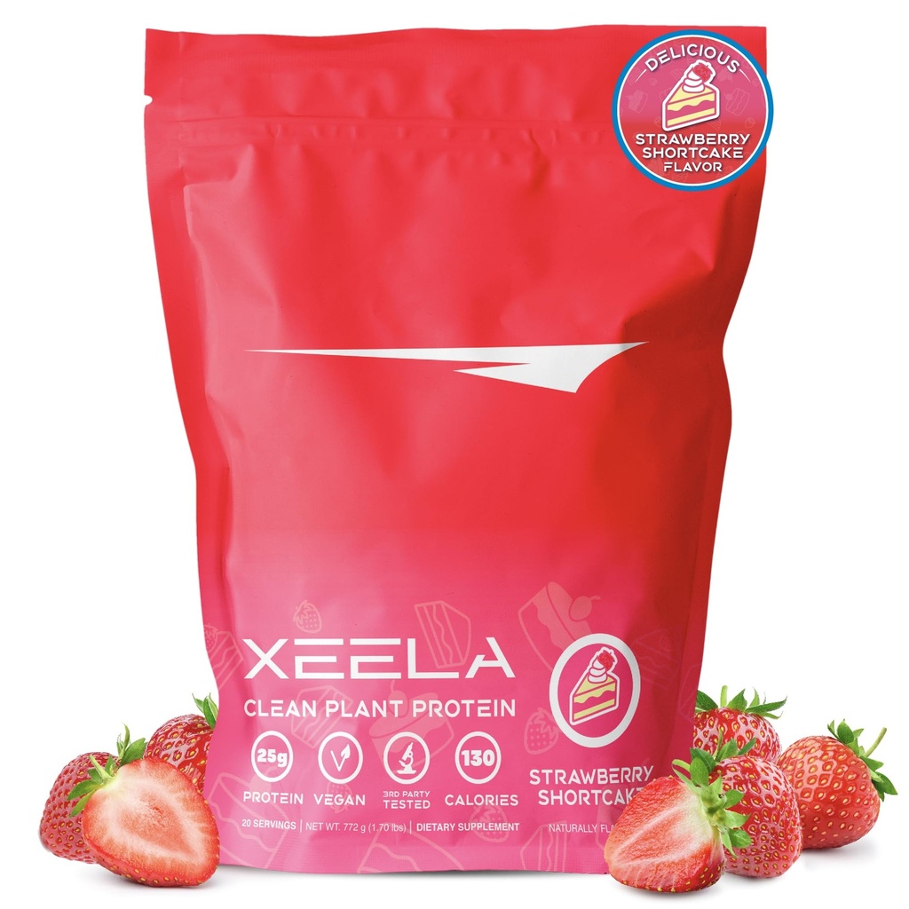 XEELA Plant Based Vegan Protein Powder - Uafhængigt testet - 25g High Protein, Pea Protein for Mænd & Kvinder - Vitamin & Min, Ikke GMO, Dairy & Gluten Free, LowCarb & LowFat (Jordbærkage)