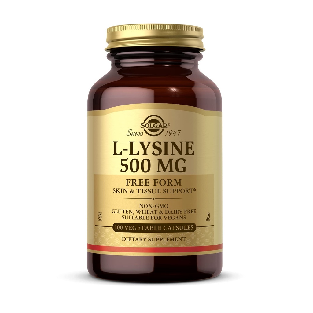 Solgar L- Lysin 500 mg - 100 vegetabilske kapsler - Hud & Væske Support - Non- GMO, Vegan, Kosher, Gluten Free - 100 Servere
