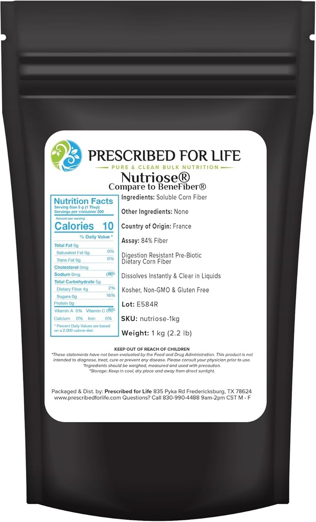 Præskrevet for Life Nutriose Powder, Natural Fiber Supplement, Prebiotic Opløselig Corn Fiber for voksne, Gluten Free, Vegan, Non GMO (1kg / 2.2lb)