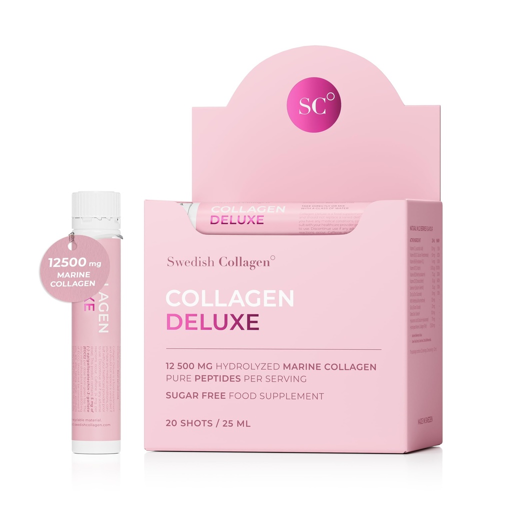 Svensk Collagen Deluxe 12. 4; 12. 500 mg Hydrolyzed Marine Collagen Liquid Supplement - 20 x 25 ml Daily Shots 12. 4; Hyaluronsyre, biotin og vitamin C for sundt hår, hud, negle og joints 12. 4; Sukkerfri