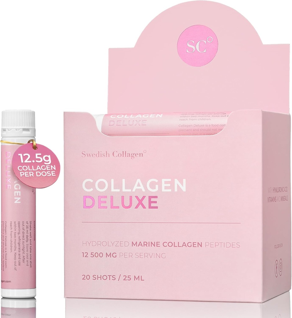 Swedish Collagen Deluxe | 12,500 mg Hydrolyzed Marine Collagen Liquid Supplement - 20 x 25 ml Daily Shots | Hyaluronic Acid, Biotin and Vitamin C for Healthy Hair, Skin, Nails and Joints | Sugar-Free