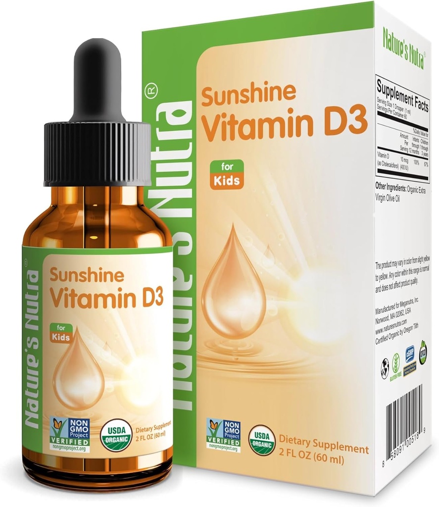 Nature 's Nutra Sunshine Vitamin D3 400IE, 2 Fl. Oz (60ml), Premium Baby and Infant Liquid Drops, Toddlers Børn Multivitamin Supplement, Non- GMO, Plant Extract