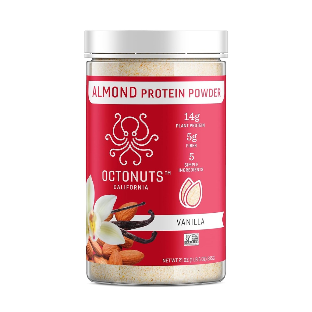 Octonuts Vanilla Mandel Protein Powder 21oz - Plant baseret Vegan Protein - Clean Low Carb Blend med 14g Protein, 5g Fiber - Keto, Paleo, Gluten Free, Non- Dairy - Ideel til shakes, smoothies, eller Bagning