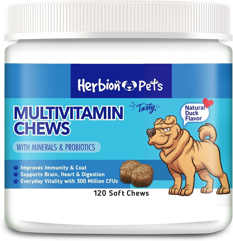 Herbion Kæledyr Multivitamin Chews med mineral & Probiotika, Forbedrer Immunitet & Coat, Understøtter fordøjelse, hjerne & hjerte sundhed, lækker naturlig And Flavor, Hundetillæg & vitaminer, pakke med 1