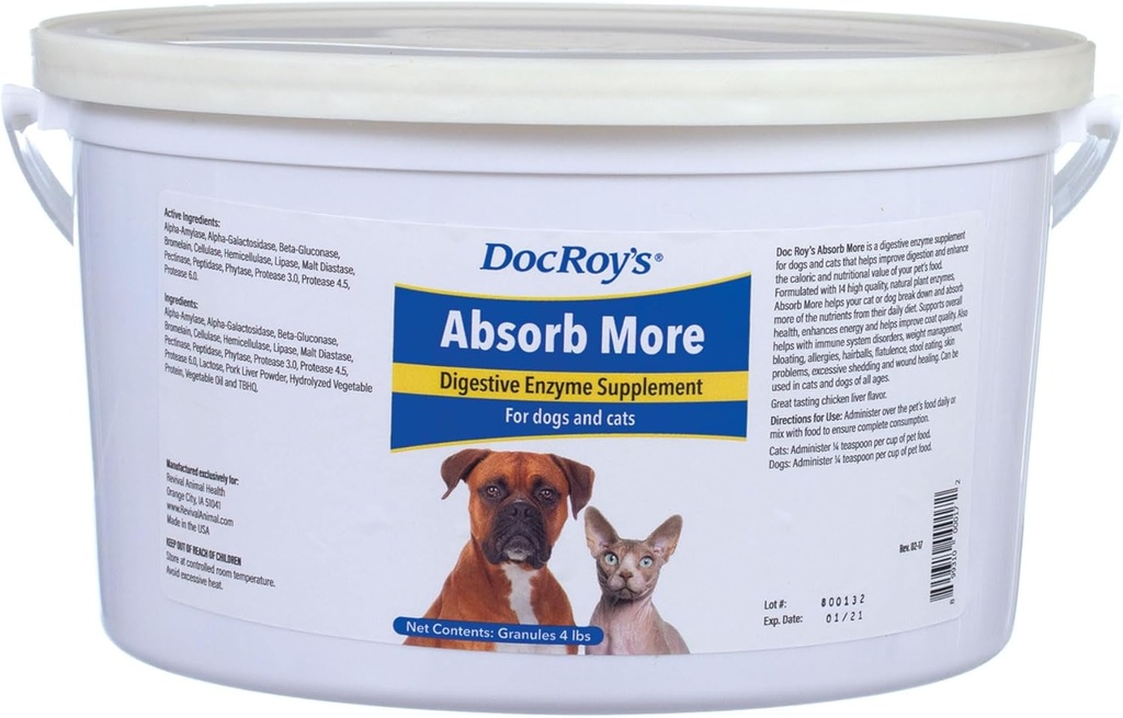 Doc Roy 's Absorb Mere - fordøjelige enzymer supplement - for hunde & katte - 4lb Granules