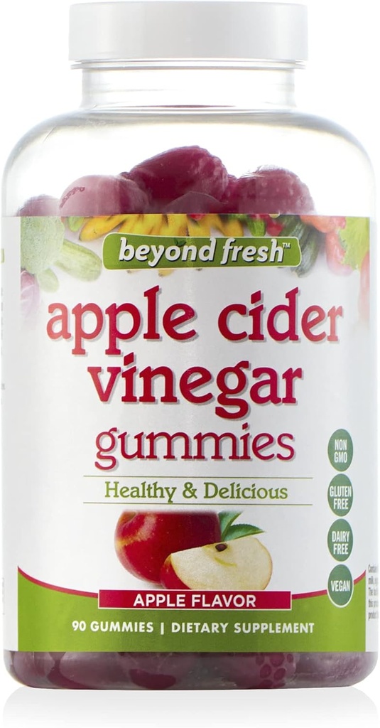 Ud over Fresh Apple Cider Vincious Gummies, Understøtter fordøjelse, Opretholde vandbalance, Debloat, Rich in Energy Boosting Vitamin B12 og B9 (Folinsyre), Vegan, Dairy Free, Gluten Free, 90 Greve, Multi
