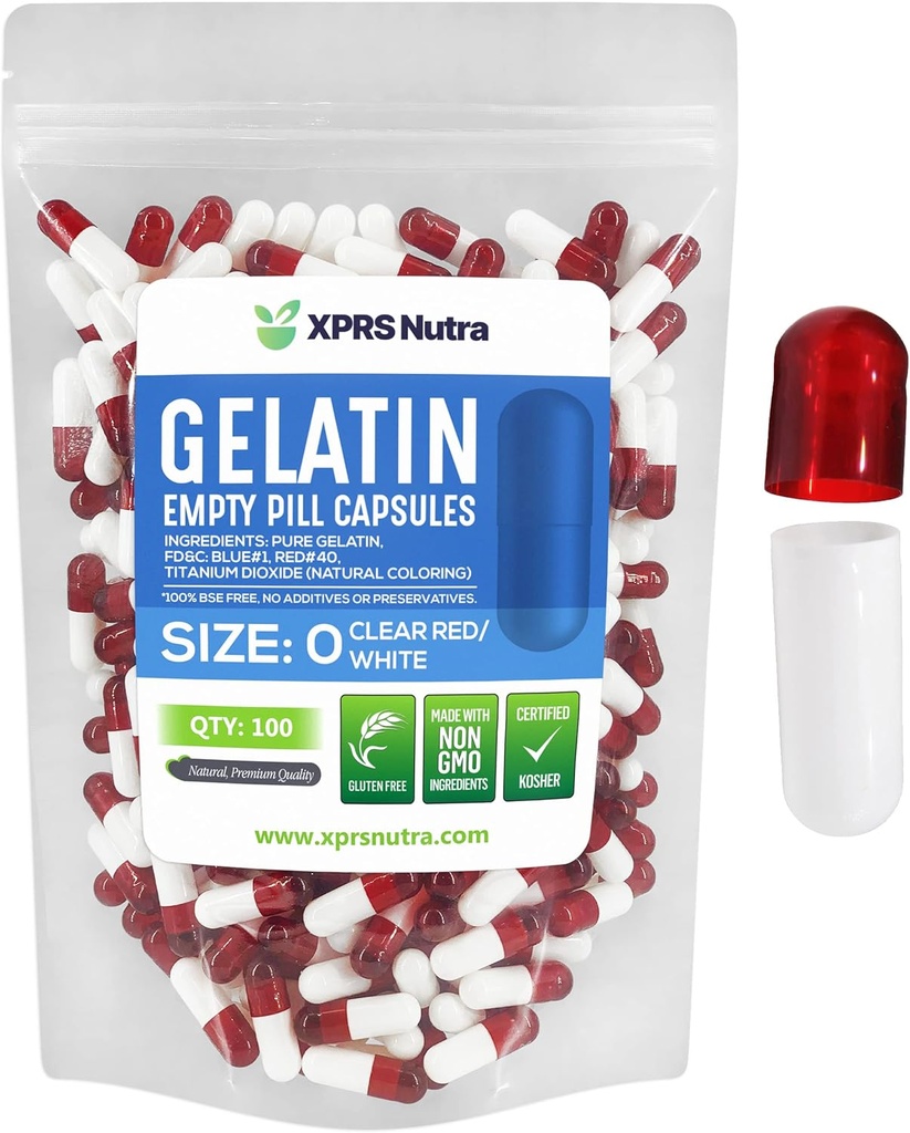 XPRS Nutra Size 0 Empty Capsules - 100 Count Empty Gelatin Capsules - DIY Capsule Filling - Pure Bovine Pill Gel Caps for Do-It-Yourself Supplements (Clear Red/White)