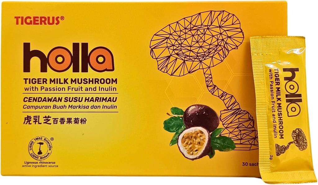 TIGERUS ® Holla Tiger Milk Mushroom med Passionsfrugt og Inulin - immunforsvar, fordøjelsessygdomme, antioxidant boost, naturlige wellness supplement - 30 Sachets