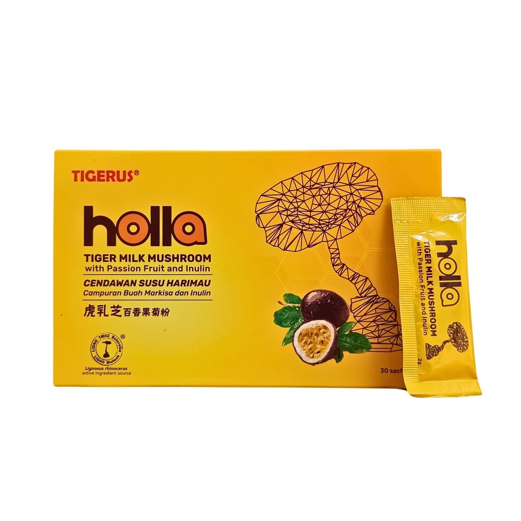 TIGERUS ® Holla Tiger Milk Mushroom med Passionsfrugt og Inulin - immunforsvar, fordøjelsessygdomme, antioxidant boost, naturlige wellness supplement - 30 Sachets