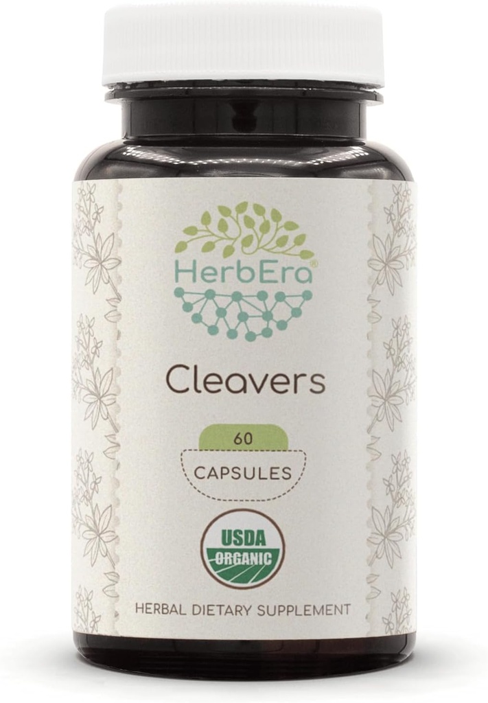 HerbEra Cleavers USDA Organic 60 Capsules | Natural Herbal Supplement | Certified Organic Vegetarian Capsules and Organic Cleavers (Galium aparine) Dried herb (60 Capsules)