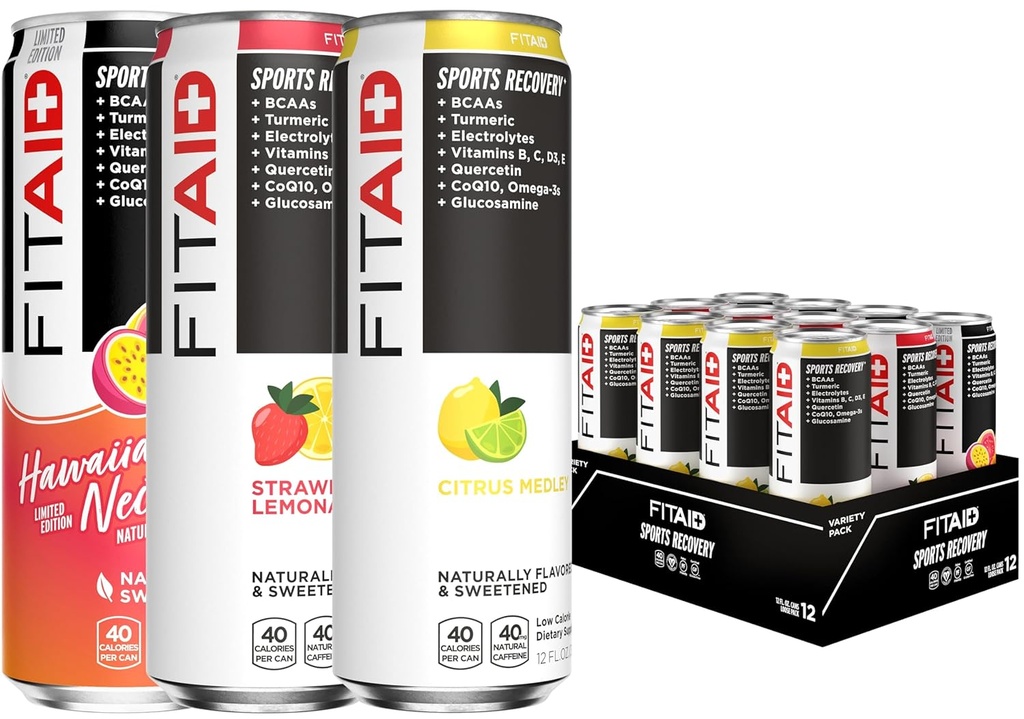 FITAID Recovery Blend, Variety Pack, BCAAs, Glucosamin, Electrolytes, Omega- 3s, Green Tea, 100% Clean, Paleo, Vegan & Gluten- Free, naturligt sødet & Flavored, 12- oz. dåser (Pack of 12)