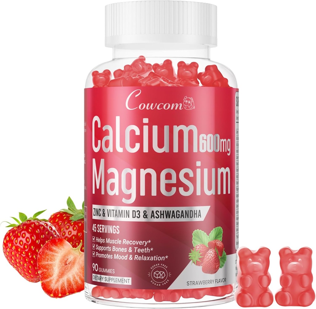 Calcium Magnesium Zink Gummies & Vitamin D3, B6, B12, Immun & Supporting Bone Health Calcium Magnesium supplement til kvinder Mænd, sukkerfri Vegansk Jordbærsmag 90 Tæller