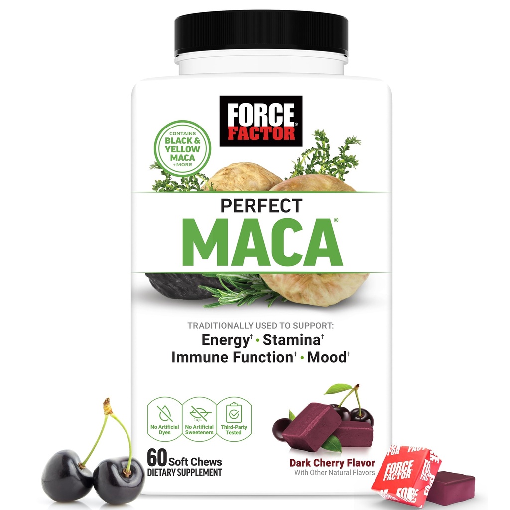 FORCE FACTOR Perfect Maca, Maca Root og DIM tillæg med safran til Boost energi og mad, med gul og sort Maca, vitaminer, mineraler, og antioxidanter, mørk Cherry Flavor, 60 bløde tygger