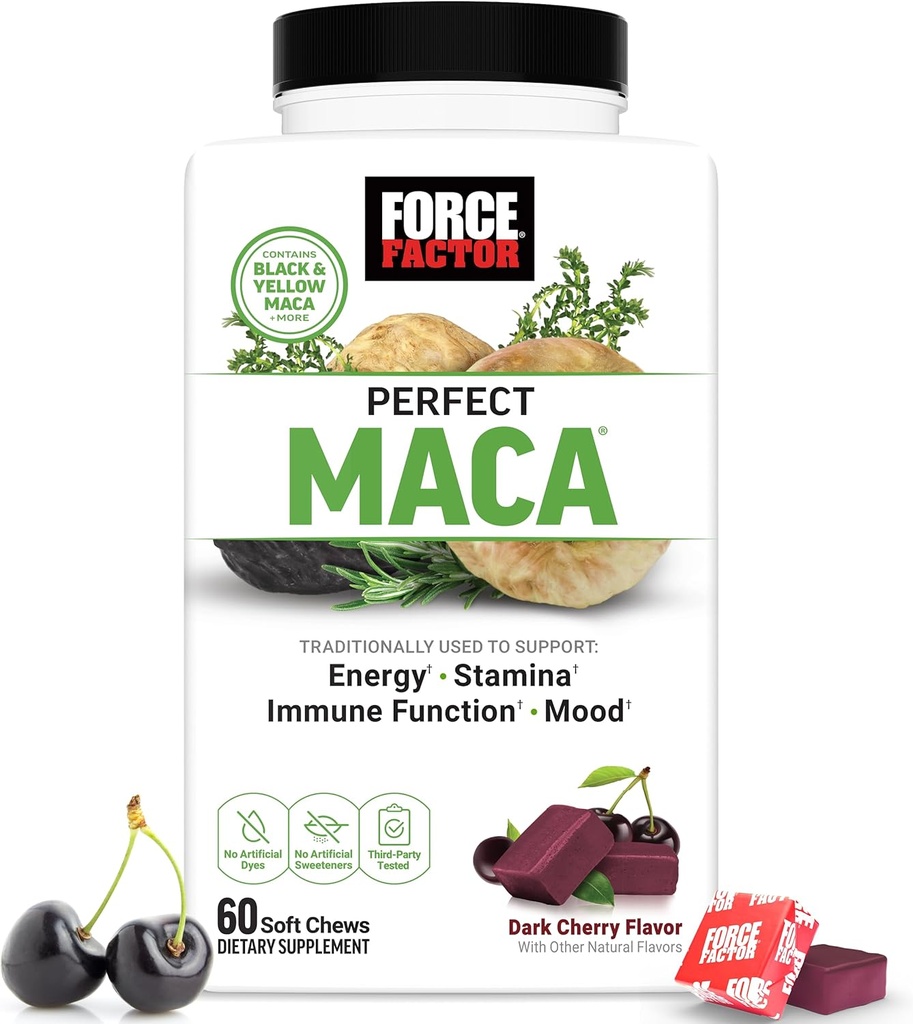 FORCE FACTOR Perfect Maca, Maca Root og DIM tillæg med safran til Boost energi og mad, med gul og sort Maca, vitaminer, mineraler, og antioxidanter, mørk Cherry Flavor, 60 bløde tygger