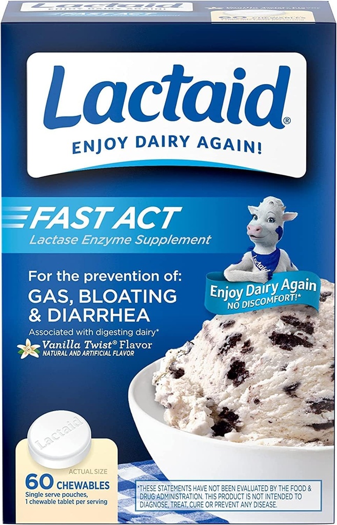 Lactaid Fast Act Lactose Intolerance Relief Chewables med Lactase Enzyme at forhindre Gas, Bloating & Diarré På grund af LactoseSensitivitetsteori, Ideel til rejser & On- the- Go, Vanilla Twist, 60 Pakker af 1- ct. (5pk)