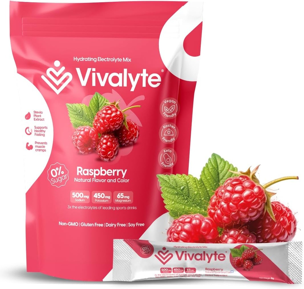 Elektrolytpulver Ingen sukker Stevia Sødet 100% naturlige hydrering Pakninger - 20 Grev - 124; natrium, kalium citrat & Magnesium L- Threonat (5.64, Hindbær)