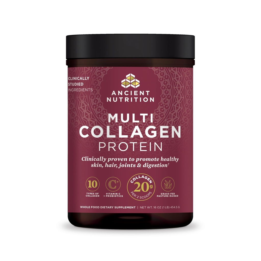 Ancient Nutrition Collagen Powder Protein med Probiotika, Unflavored Multi Collagen Protein med C-vitamin, 45 Servere, Hydrolyzed Collagen Peptider understøtter hud og negle, Gut Sundhed, 16oz
