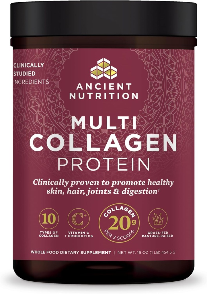 Ancient Nutrition Collagen Powder Protein with Probiotics, Unflavored Multi Collagen Protein with Vitamin C, 45 Servings, Hydrolyzed Collagen Peptides Supports Skin and Nails, Gut Health, 16oz
