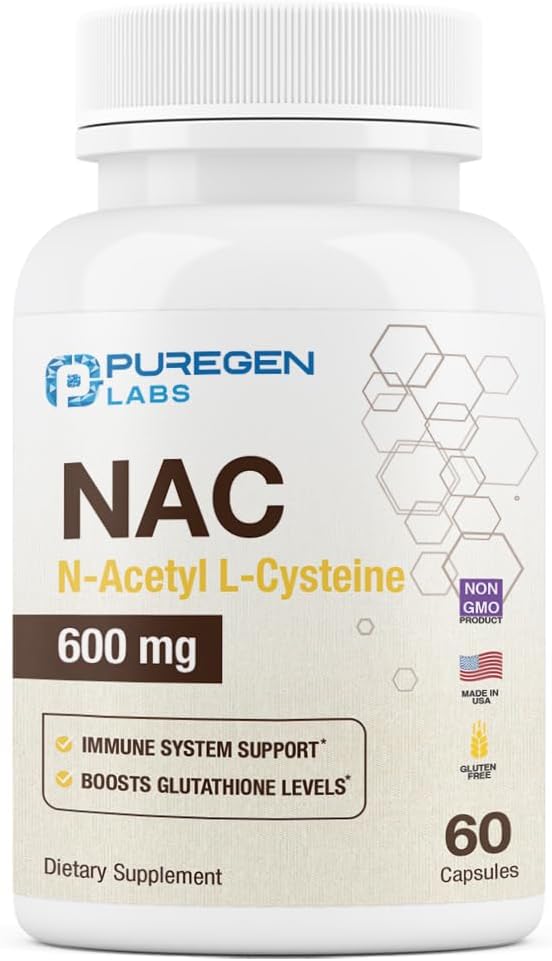 Puregen Labs N- Acetyl- L- Cysteine (NAC) 600mg, Supports Immunation, Respiratoriske, Lever Sundhed, NAC 600 mg, Potent antioxidant Support, Free- radikaler, Let at Absorb - 60 Vegetariske Kapsler