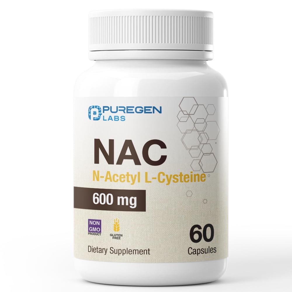 Puregen Labs N- Acetyl- L- Cysteine (NAC) 600mg, Supports Immunation, Respiratoriske, Lever Sundhed, NAC 600 mg, Potent antioxidant Support, Free- radikaler, Let at Absorb - 60 Vegetariske Kapsler