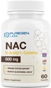 Puregen Labs N- Acetyl- L- Cysteine (NAC) 600mg, Supports Immunation, Respiratoriske, Lever Sundhed, NAC 600 mg, Potent antioxidant Support, Free- radikaler, Let at Absorb - 60 Vegetariske Kapsler