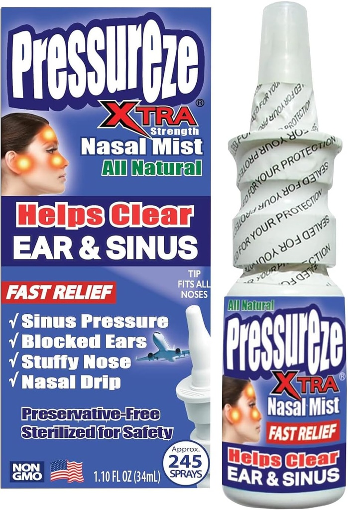 Pressureze Xtra - Natural- Preservative Free - Steril Nasal Spray - for Svær Sinus Congestion Relief - Åbner blocked Ear Canals, Snoring - 245 sprays, 34 ml (pakke med 1)
