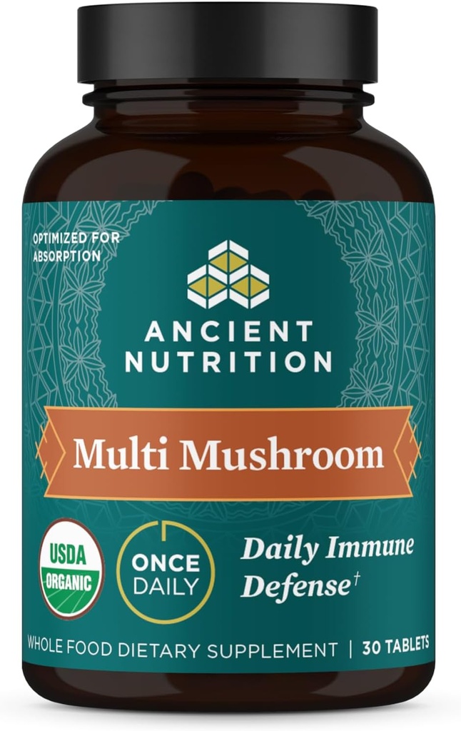 Ancient Nutrition Mushroom supplement, Organic Multi Mushroom immunsupport Tablet, Understøtter Stress Response, Gluten Free, Paleo og Keto Friendly, 30 Greve