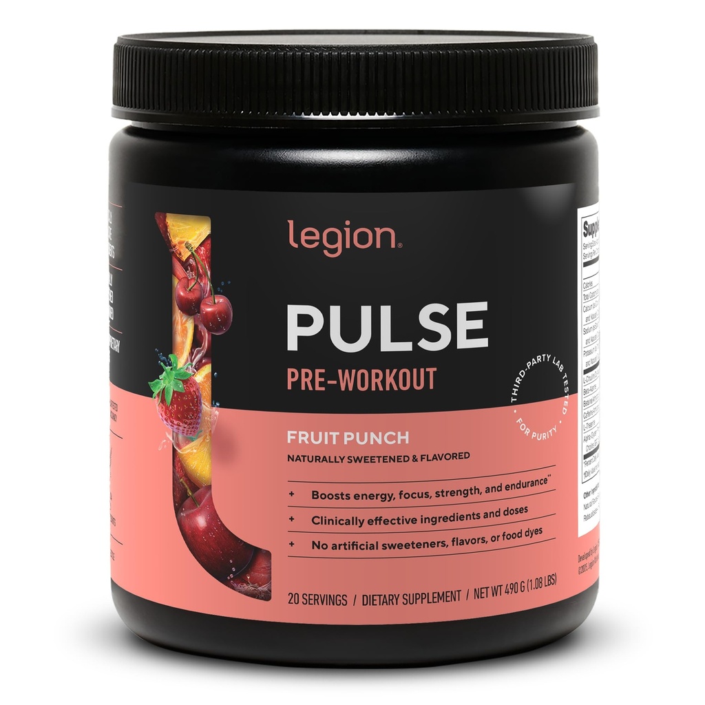 LEGION Pulse Pre Workout Supplement - Alle naturlige nitrogenoxid Preworkout Drink til Boost Energy, Kreatin Free, naturligt sødet, Beta Alanine, Citrulline, Alpha GPC (Fruit Punch)