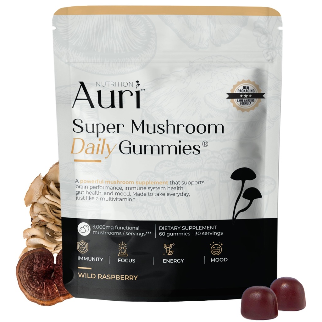 Auri Super Mushroom Daily Gummies - All-in-One Daily Mushroom Supplement Gummy - 12 Mushroom Blend med Chaga, Lions Mane, Reishi, Cordyceps - 60 Gummies