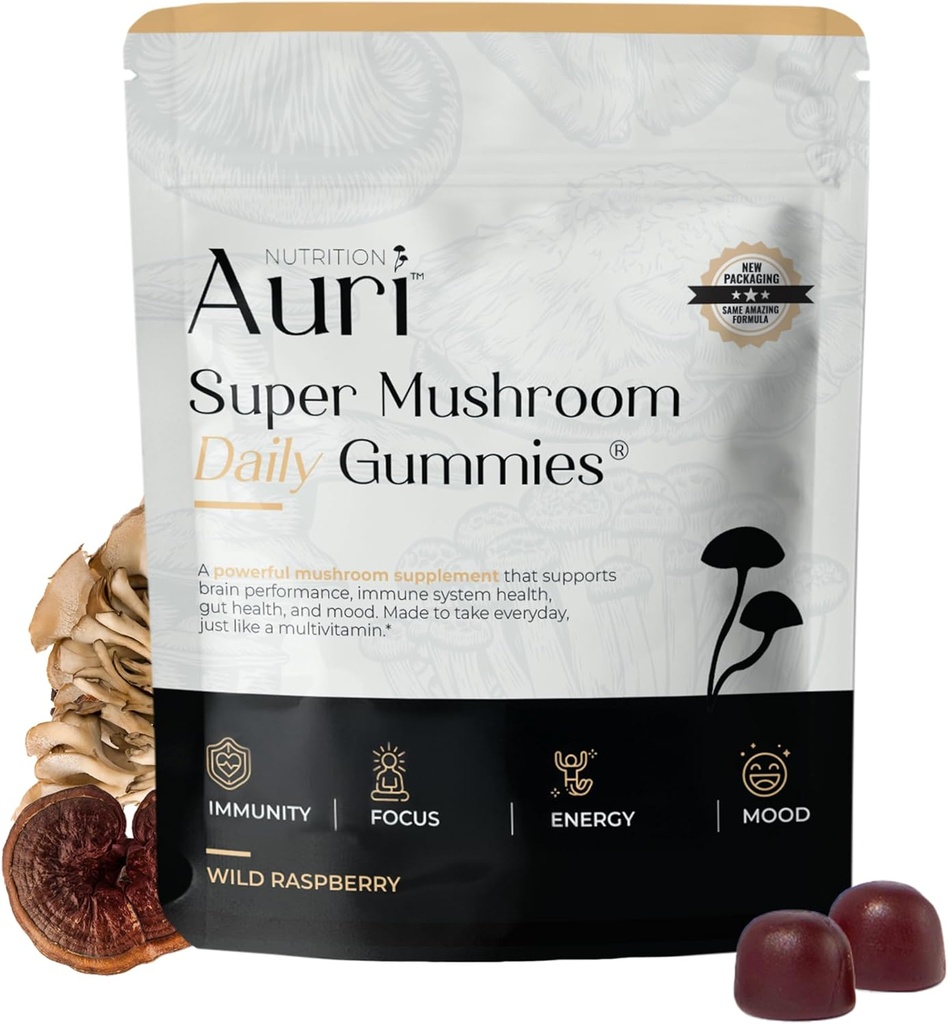 Auri Super Mushroom Daily Gummies - All-in-One Daily Mushroom Supplement Gummy - 12 Mushroom Blend med Chaga, Lions Mane, Reishi, Cordyceps - 60 Gummies