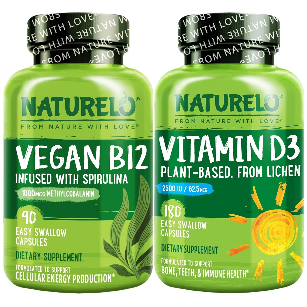 NATURELO vitamin D - Plant baseret på Lichen - 180 Mini kapsler, Vegan B12, 1000 mcg methylcobalamin - 90 kapsler