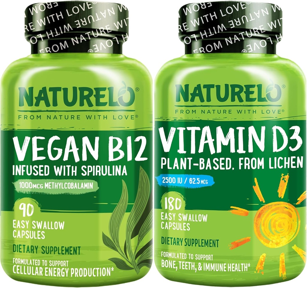 NATURELO vitamin D - Plant baseret på Lichen - 180 Mini kapsler, Vegan B12, 1000 mcg methylcobalamin - 90 kapsler