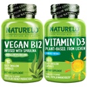 NATURELO vitamin D - Plant baseret på Lichen - 180 Mini kapsler, Vegan B12, 1000 mcg methylcobalamin - 90 kapsler