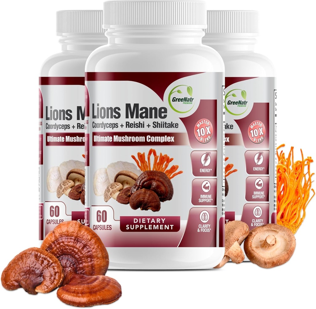 GreeNatr Complete Mushroom Supplement -10 i 1 Kompleks med Lions Mane, Cordyceps, Shiitake, Chaga, Tyrkiet Hale for immunforsvar, hukommelse, Focus & Natural Energy Booster - 180 kapsler (3 flasker)