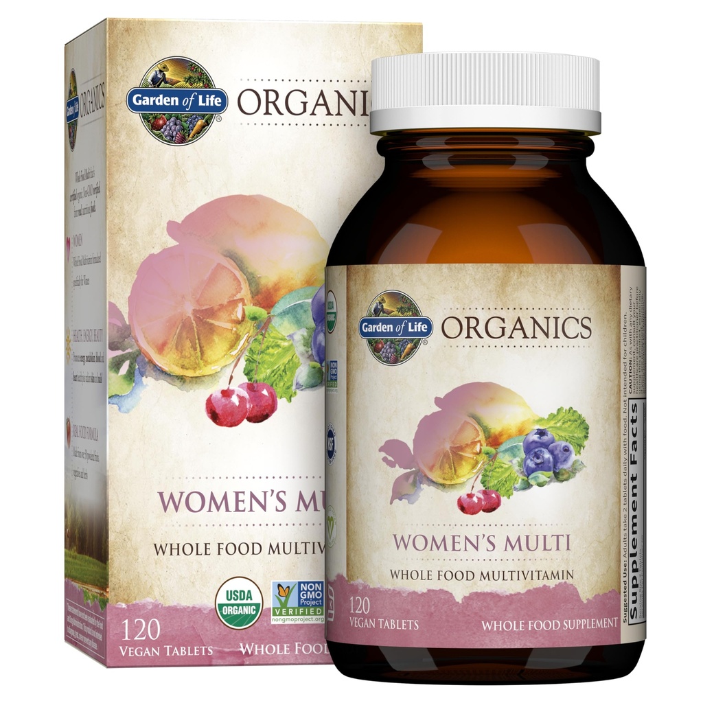 Livets have Organisationer Multivitamin til kvinder, Kvinder Multi med C-vitamin, D-vitamin, Folate, B6, B12, Biotin, Jern, Vegansk Hele fødevarer Vitaminer til kvinder, Energi, Hud, Nails, 120 tabletter