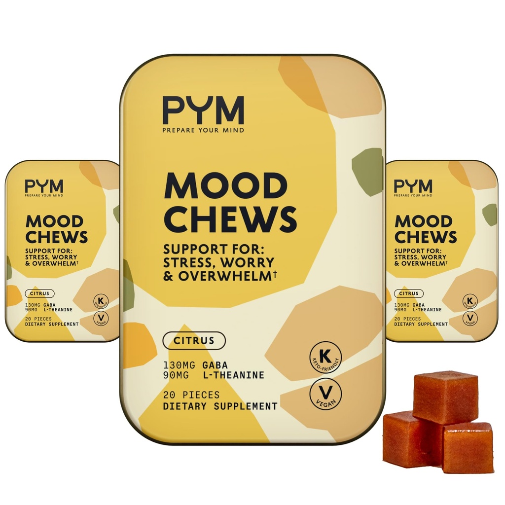 PYM Citrus Mood Chews Support for Stress, Worry & Overwarms, 60 Greven 124; 130mg GABA, 90mg L- Theanine Mead124; Vegan, Non- GMO, Gluten- Free, Ingen Tilføjet Sukker Meading 124; All- Natural Mood Balance Supplement Lavet i USA