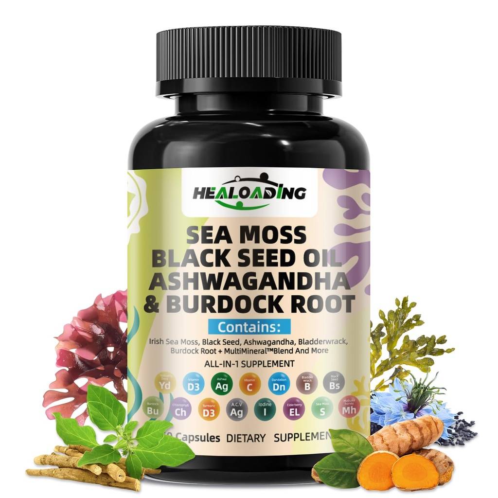 Sea Moss Kapsler Frembygget Organic Irish Seamoss & Bladderwack - Rich in Minerals, Understøtter Thyroid sundhed, fordøjelse, Skin & immunsystem - Vegan, Non- GMO